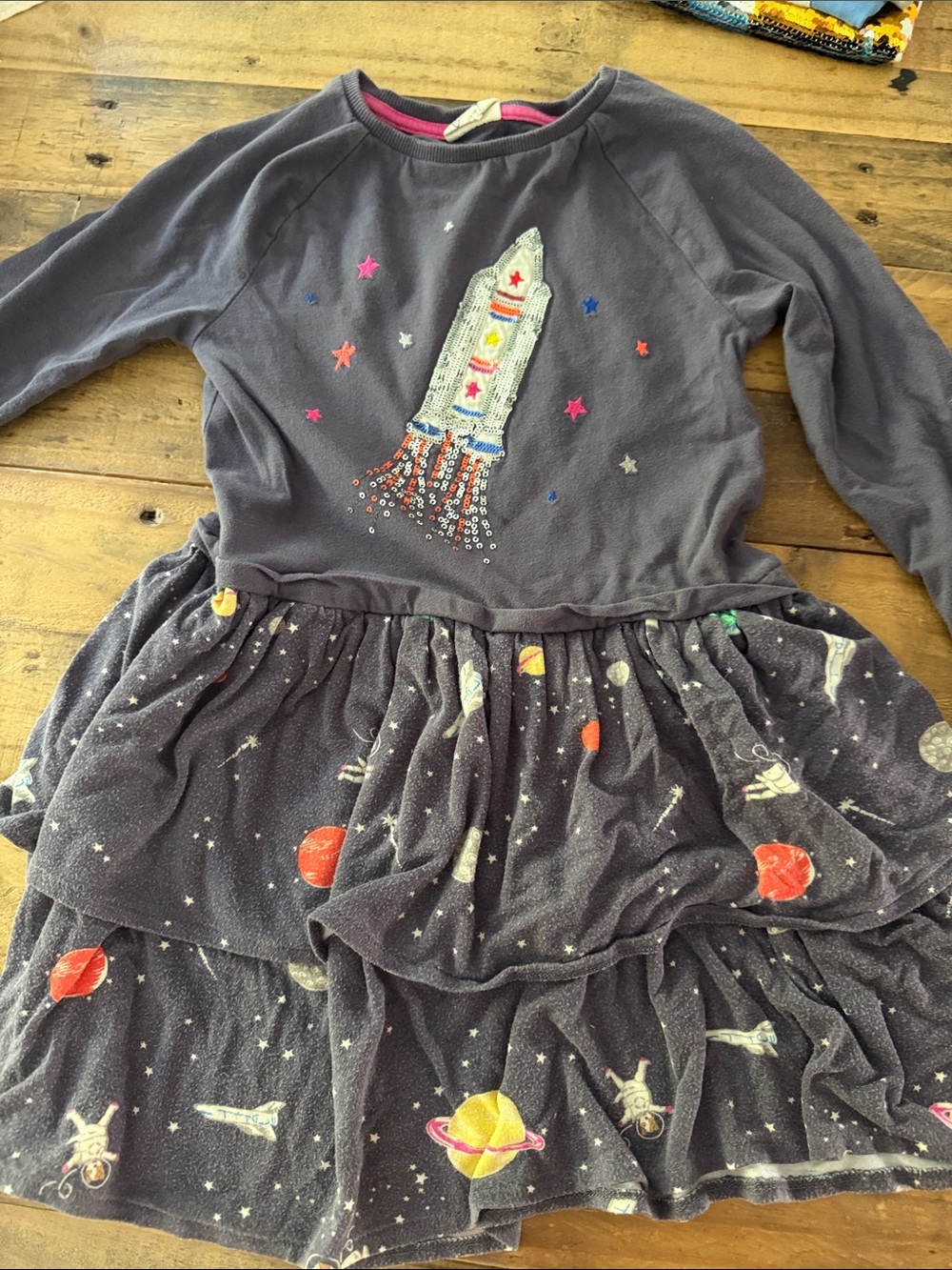 Mini Boden Girls Navy Space Rocket Tiered Dress with Embroidered Rocket size 5